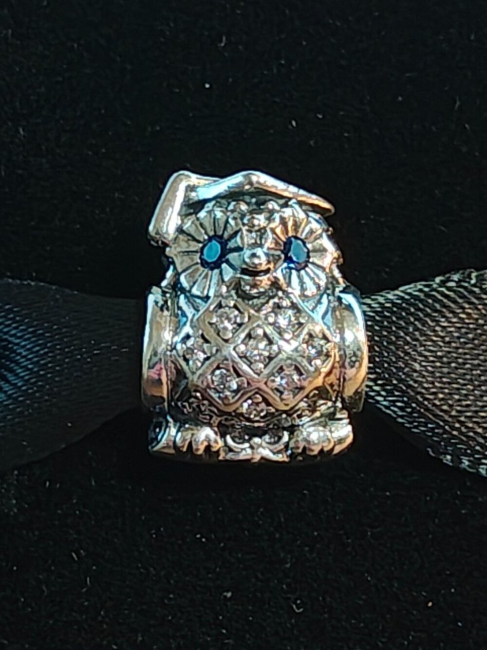 Authentic Pandora Graduate Owl Charm – 791502NSB Sterling Silver with Blue Cryst